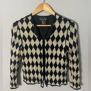Laurence Kazar Silk & Gold Lame Diamond Design Jacket Long Sleeves Beaded Size S